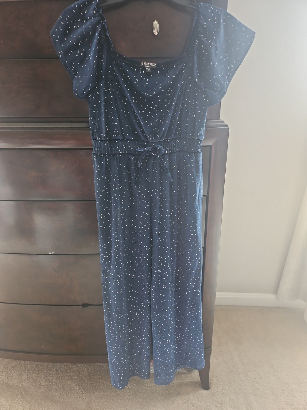 Three Hearts Navy Jumpsuit with White Dot Print and Tie Waist